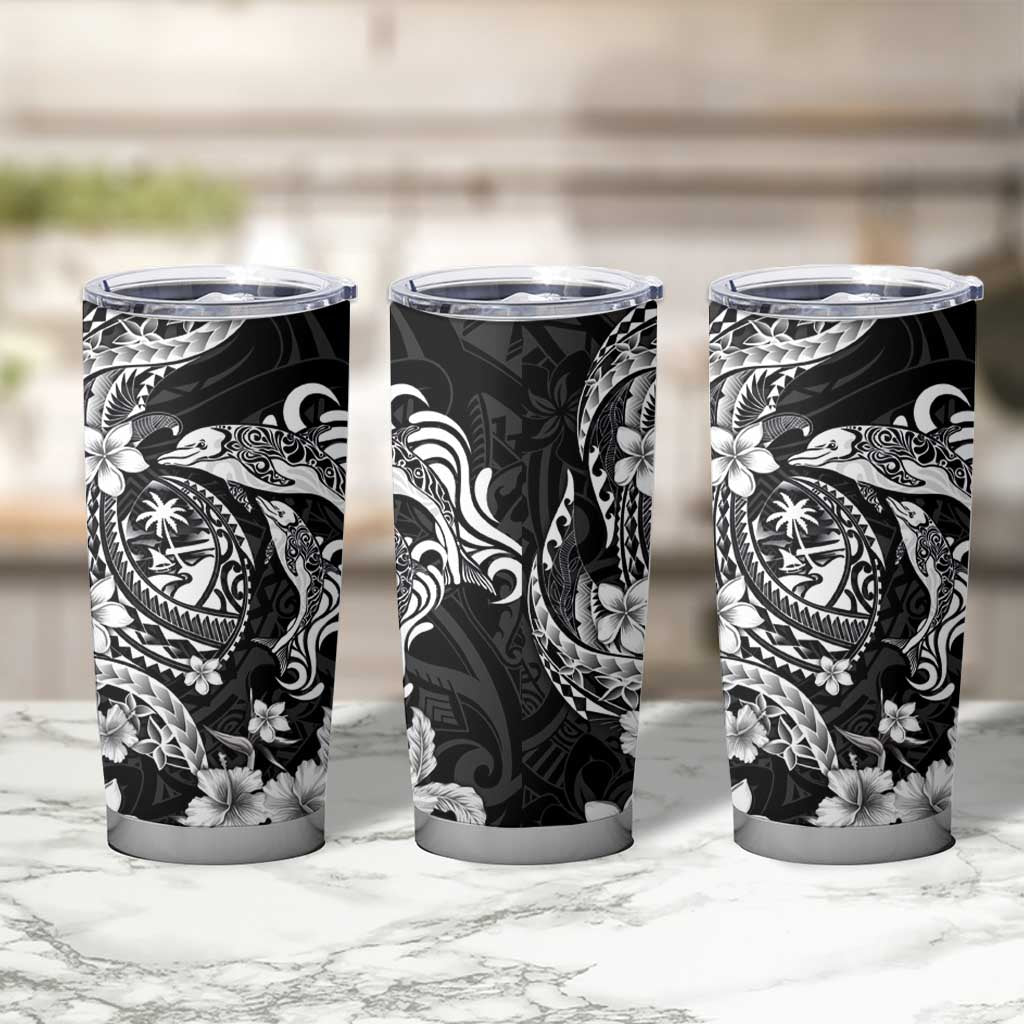 Guam Dolphins Tribal Tattoo Tumbler Cup Polynesian Art and Tropical Flower Grayscale