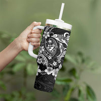 Guam Dolphins Tribal Tattoo Tumbler With Handle Polynesian Art and Tropical Flower Grayscale