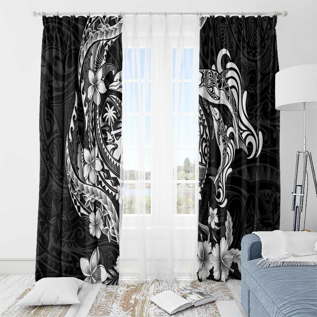 Guam Dolphins Tribal Tattoo Window Curtain Polynesian Art and Tropical Flower Grayscale