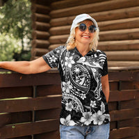 Guam Dolphins Tribal Tattoo Women Polo Shirt Polynesian Art and Tropical Flower Grayscale