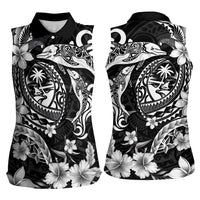 Guam Dolphins Tribal Tattoo Women Sleeveless Polo Shirt Polynesian Art and Tropical Flower Grayscale