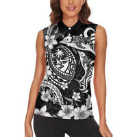 Guam Dolphins Tribal Tattoo Women Sleeveless Polo Shirt Polynesian Art and Tropical Flower Grayscale