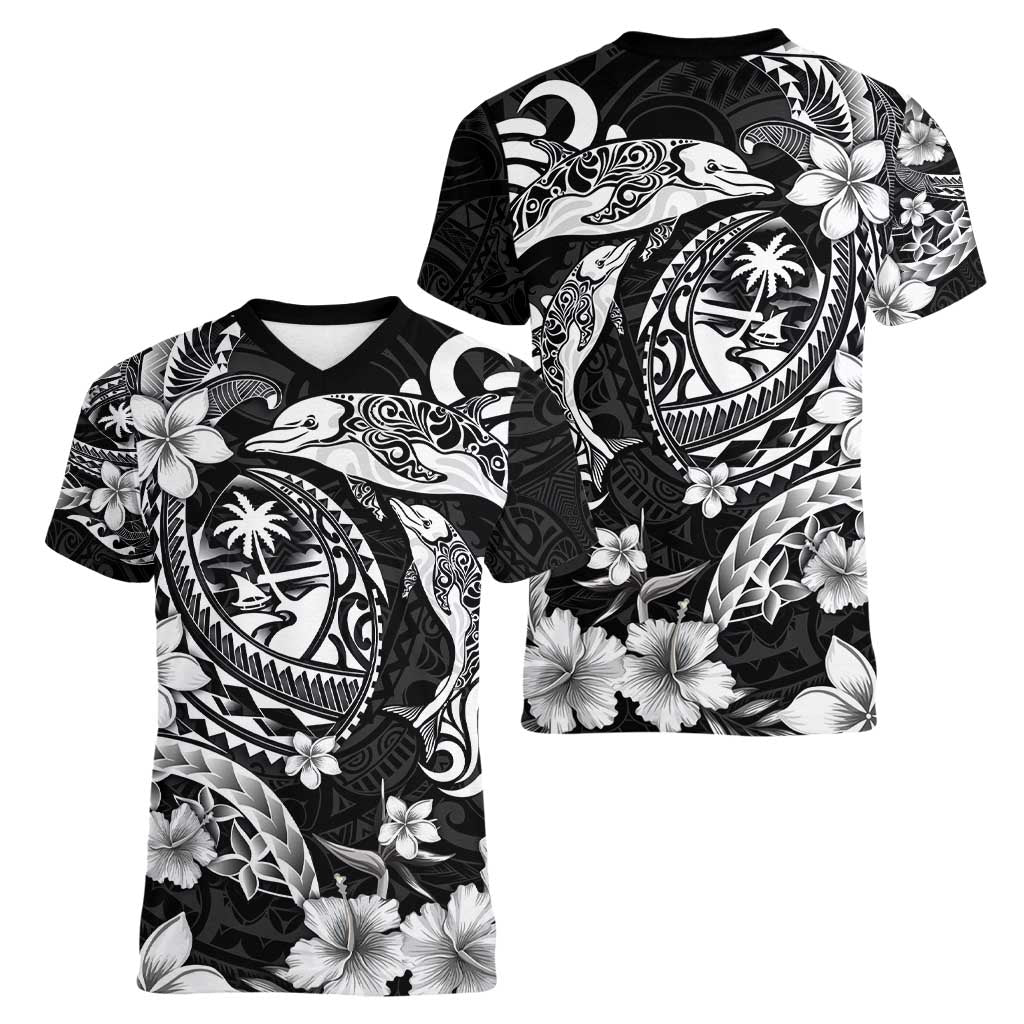 Guam Dolphins Tribal Tattoo Women V-Neck T-Shirt Polynesian Art and Tropical Flower Grayscale