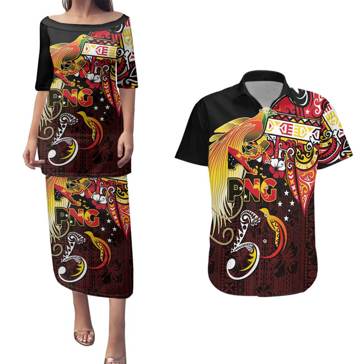 Papua New Guinea 2025 Couples Matching Puletasi and Hawaiian Shirt 50th Independence Day Anniversary LT03 Red - Polynesian Pride