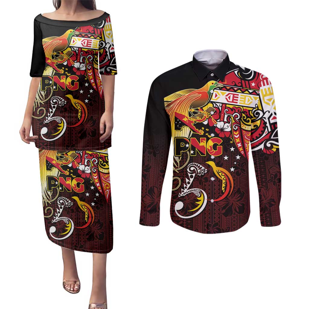Papua New Guinea 2025 Couples Matching Puletasi and Long Sleeve Button Shirt 50th Independence Day Anniversary LT03 Red - Polynesian Pride