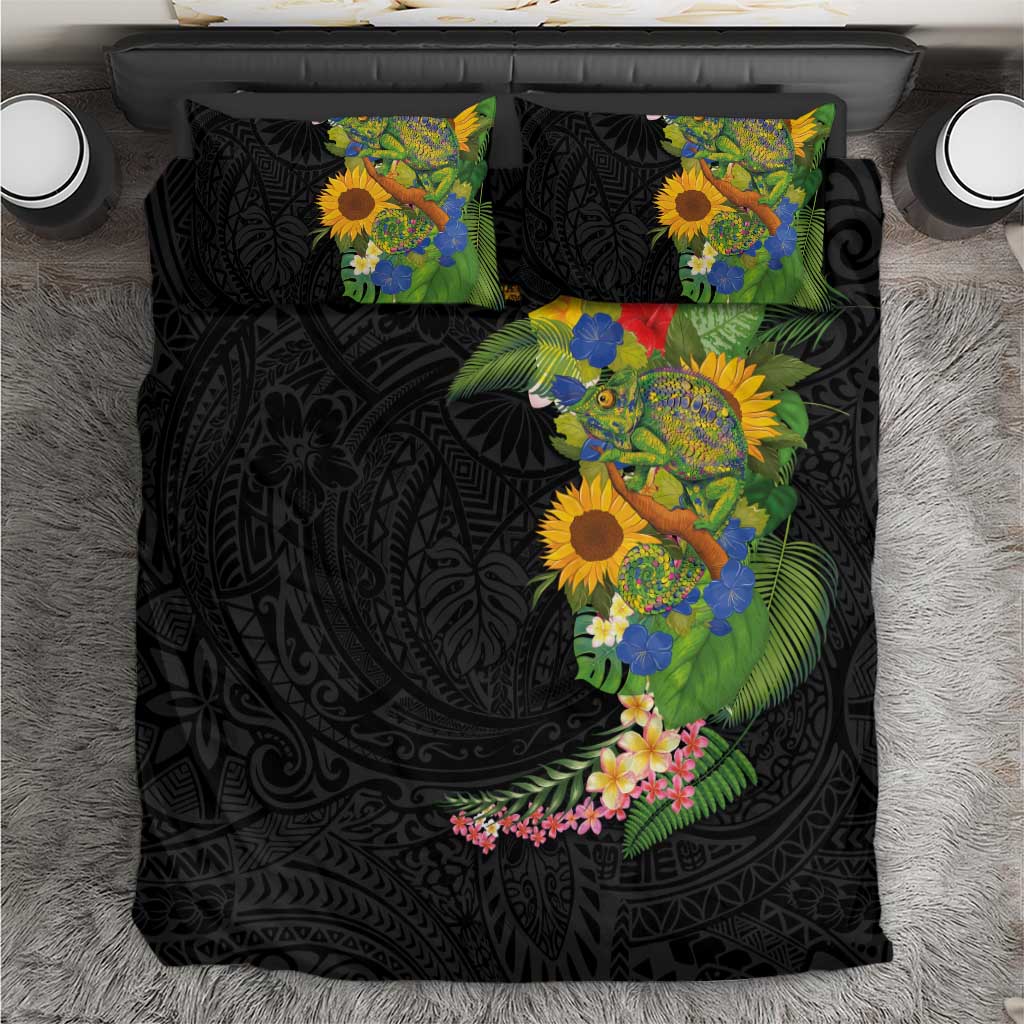 Hawaiian Tropical Plants and Chameleon Bedding Set Polynesian Art Colorful - Polynesian Pride