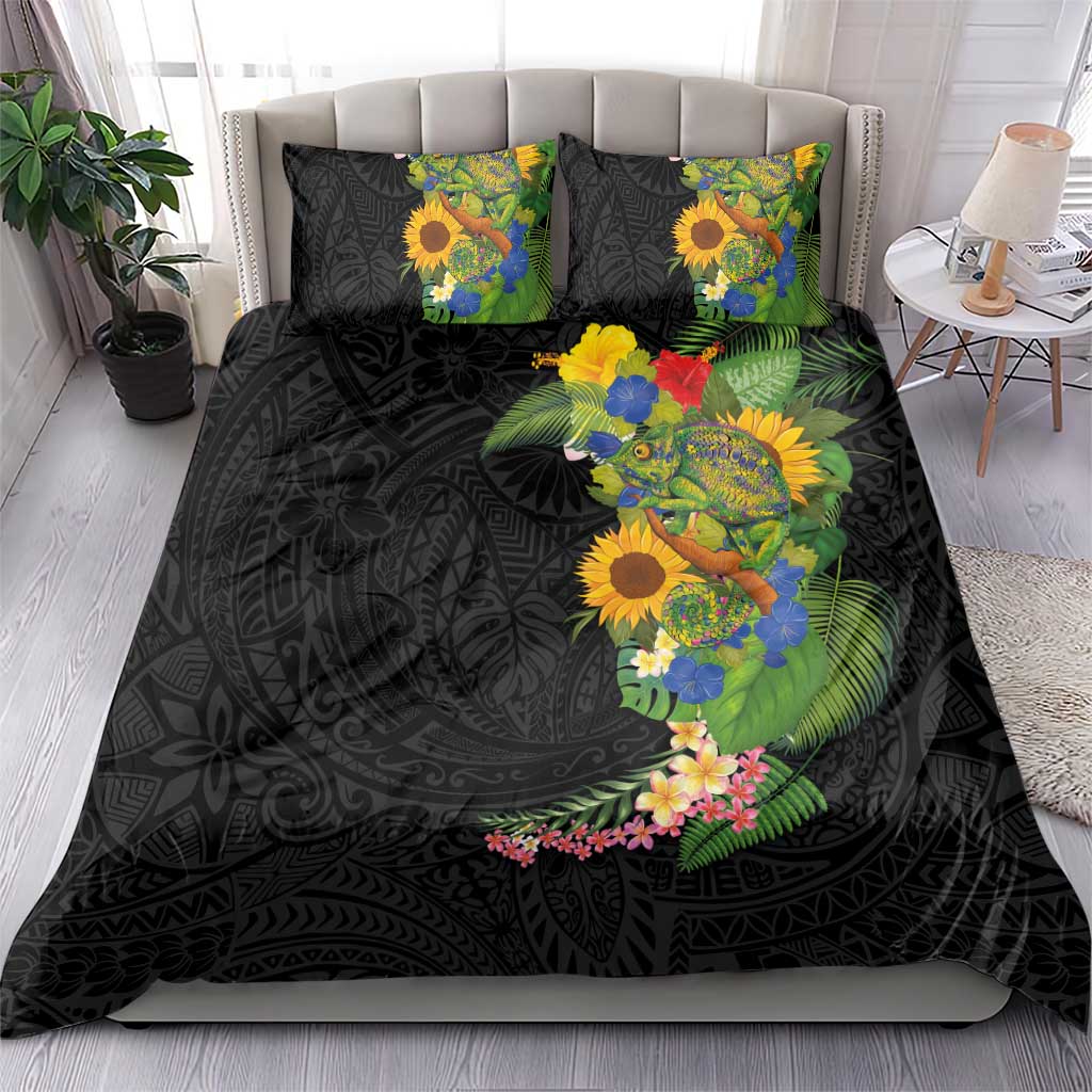 Hawaiian Tropical Plants and Chameleon Bedding Set Polynesian Art Colorful - Polynesian Pride