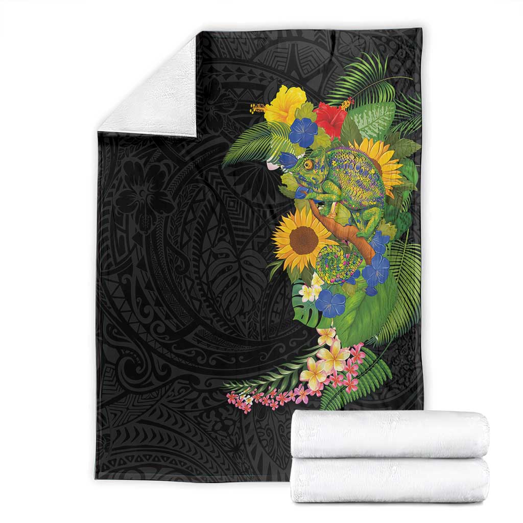 Hawaiian Tropical Plants and Chameleon Blanket Polynesian Art Colorful - Polynesian Pride