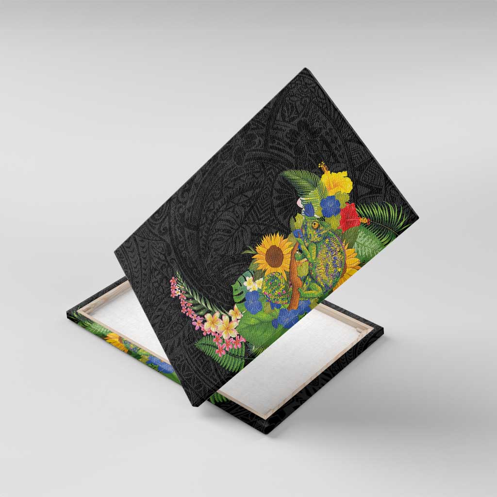 Hawaiian Tropical Plants and Chameleon Canvas Wall Art Polynesian Art Colorful LT03 With Frame Black - Polynesian Pride