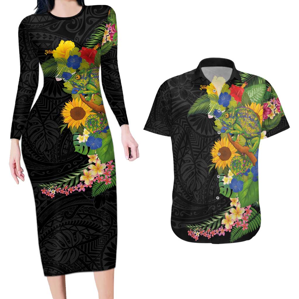 Hawaiian Tropical Plants and Chameleon Couples Matching Long Sleeve Bodycon Dress and Hawaiian Shirt Polynesian Art Colorful LT03 Black - Polynesian Pride