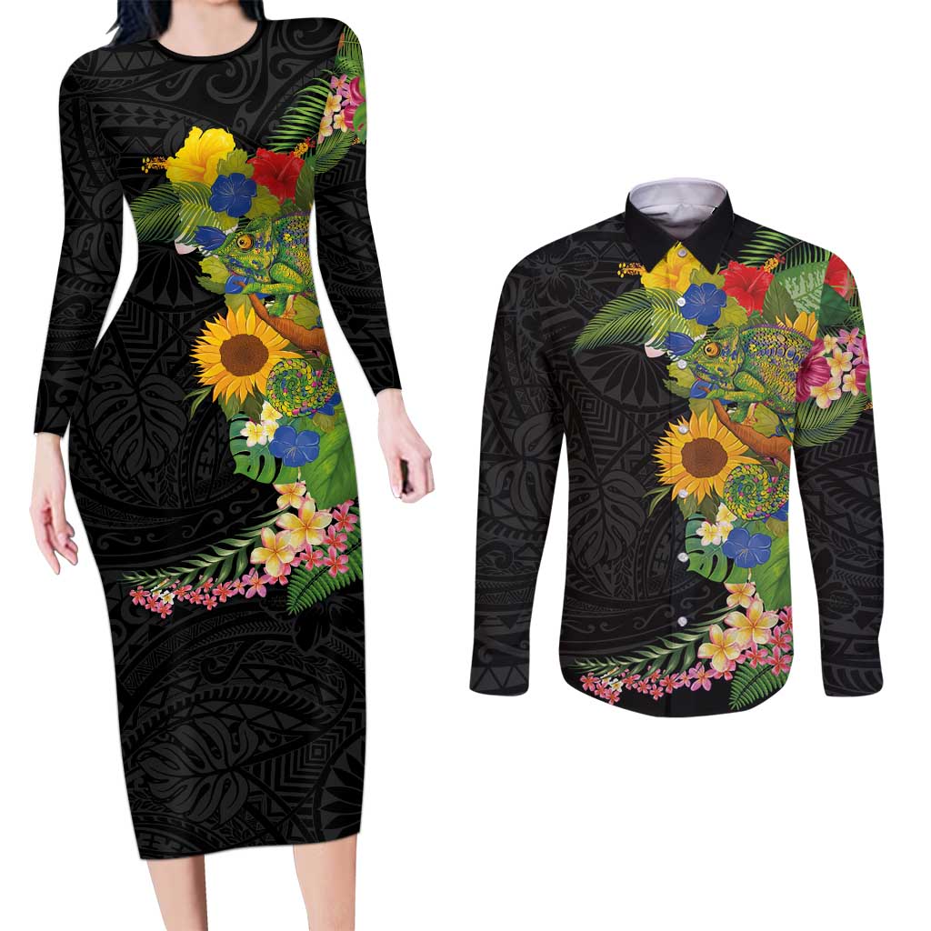 Hawaiian Tropical Plants and Chameleon Couples Matching Long Sleeve Bodycon Dress and Long Sleeve Button Shirt Polynesian Art Colorful LT03 Black - Polynesian Pride