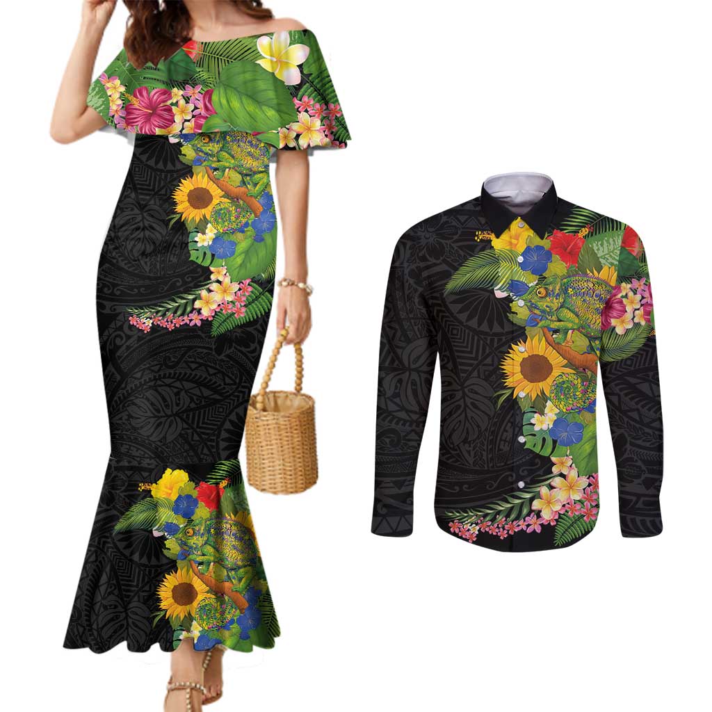 Hawaiian Tropical Plants and Chameleon Couples Matching Mermaid Dress and Long Sleeve Button Shirt Polynesian Art Colorful LT03 Black - Polynesian Pride
