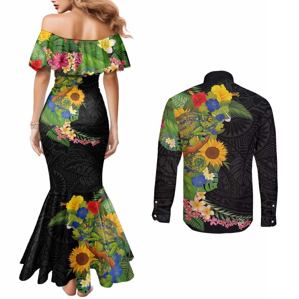 Hawaiian Tropical Plants and Chameleon Couples Matching Mermaid Dress and Long Sleeve Button Shirt Polynesian Art Colorful LT03 - Polynesian Pride