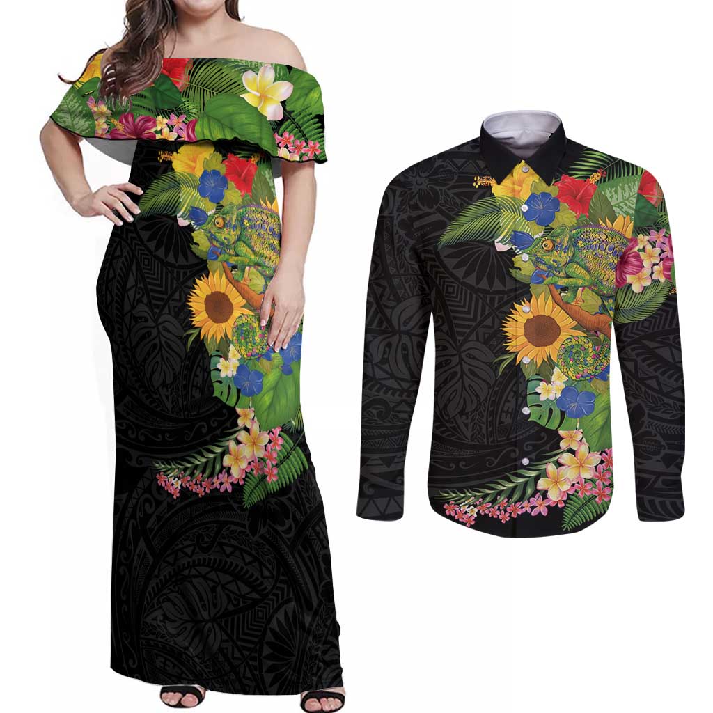 Hawaiian Tropical Plants and Chameleon Couples Matching Off Shoulder Maxi Dress and Long Sleeve Button Shirt Polynesian Art Colorful LT03 Black - Polynesian Pride