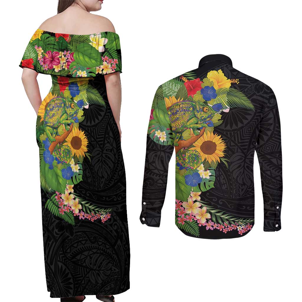 Hawaiian Tropical Plants and Chameleon Couples Matching Off Shoulder Maxi Dress and Long Sleeve Button Shirt Polynesian Art Colorful LT03 - Polynesian Pride