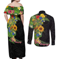 Hawaiian Tropical Plants and Chameleon Couples Matching Off Shoulder Maxi Dress and Long Sleeve Button Shirt Polynesian Art Colorful LT03 - Polynesian Pride