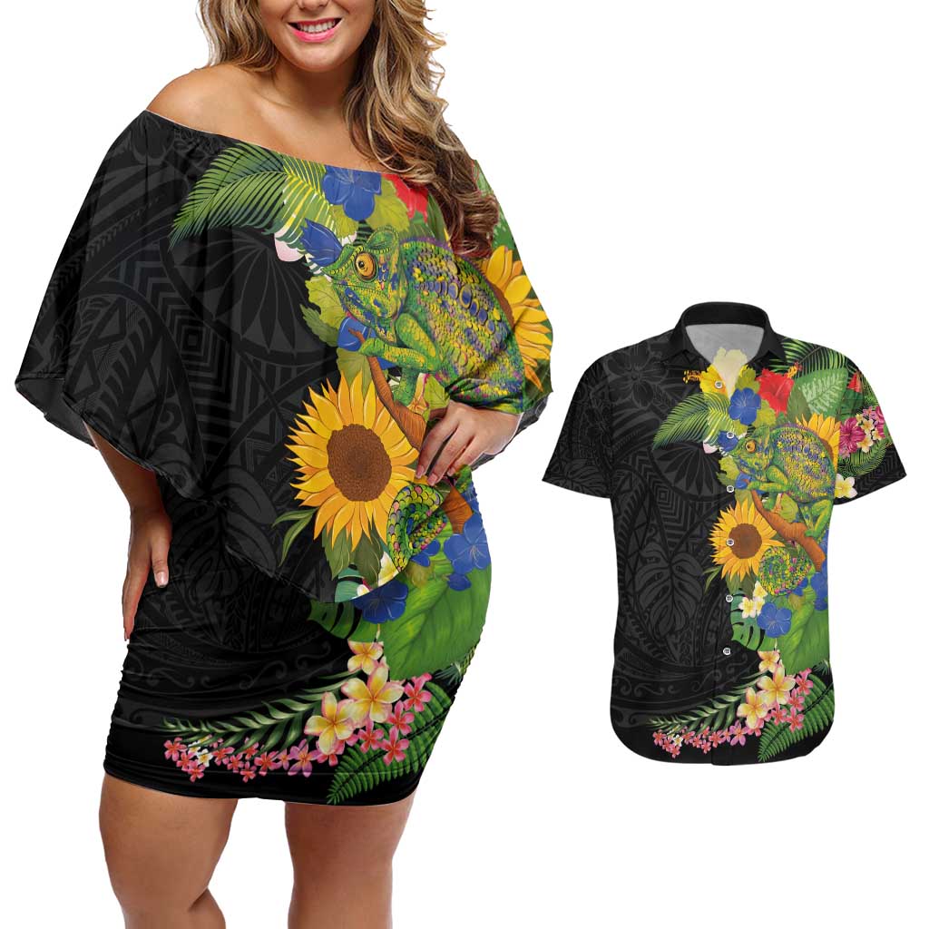 Hawaiian Tropical Plants and Chameleon Couples Matching Off Shoulder Short Dress and Hawaiian Shirt Polynesian Art Colorful LT03 Black - Polynesian Pride
