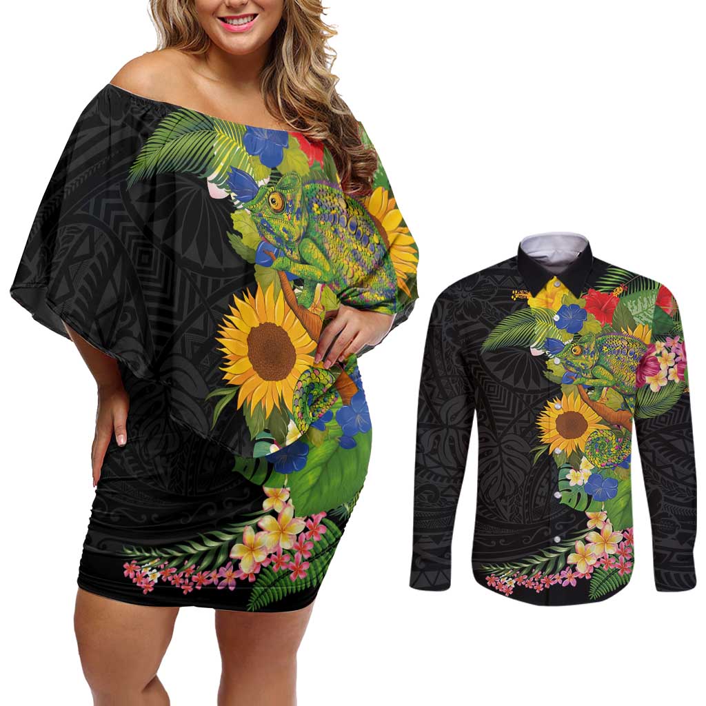 Hawaiian Tropical Plants and Chameleon Couples Matching Off Shoulder Short Dress and Long Sleeve Button Shirt Polynesian Art Colorful LT03 Black - Polynesian Pride