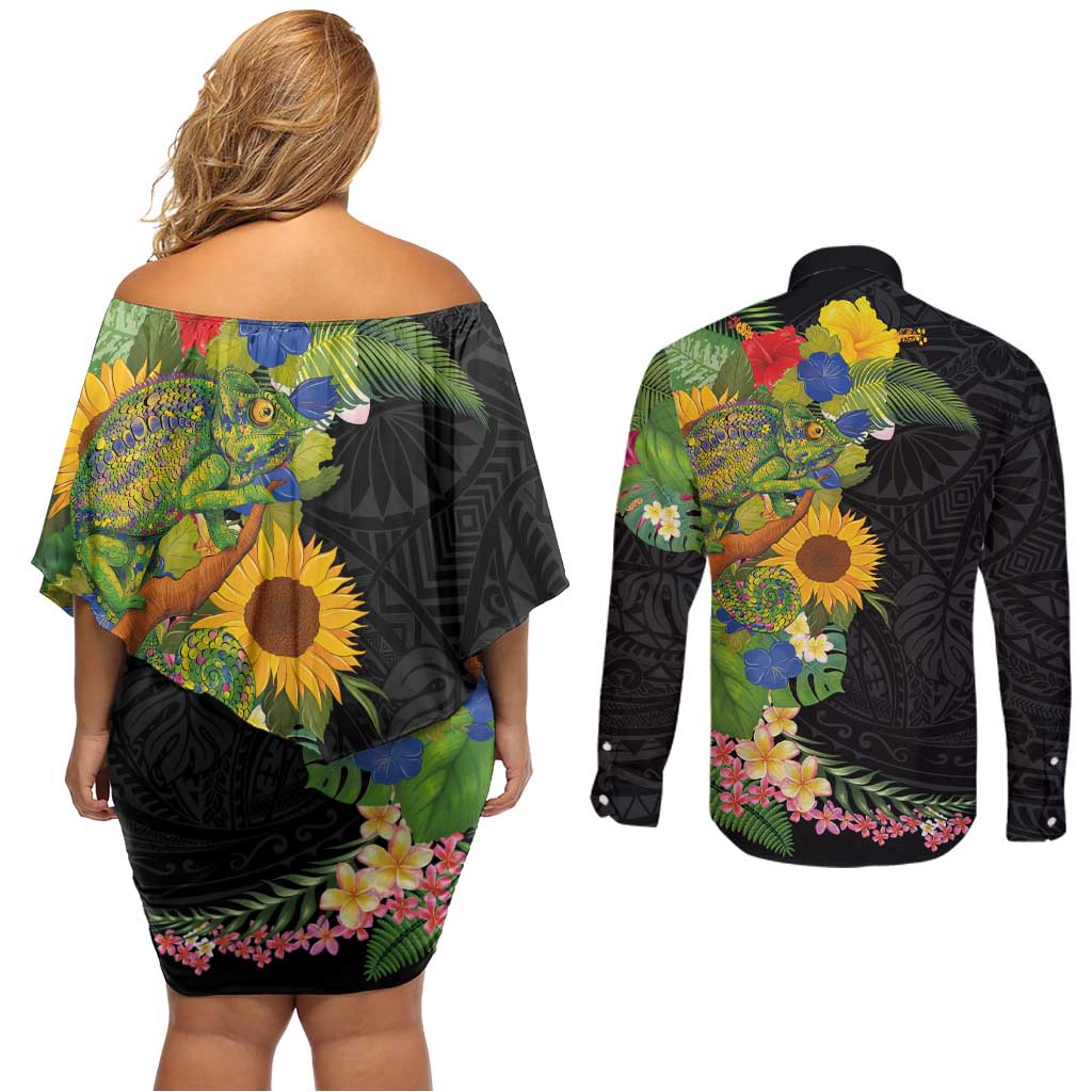 Hawaiian Tropical Plants and Chameleon Couples Matching Off Shoulder Short Dress and Long Sleeve Button Shirt Polynesian Art Colorful LT03 - Polynesian Pride