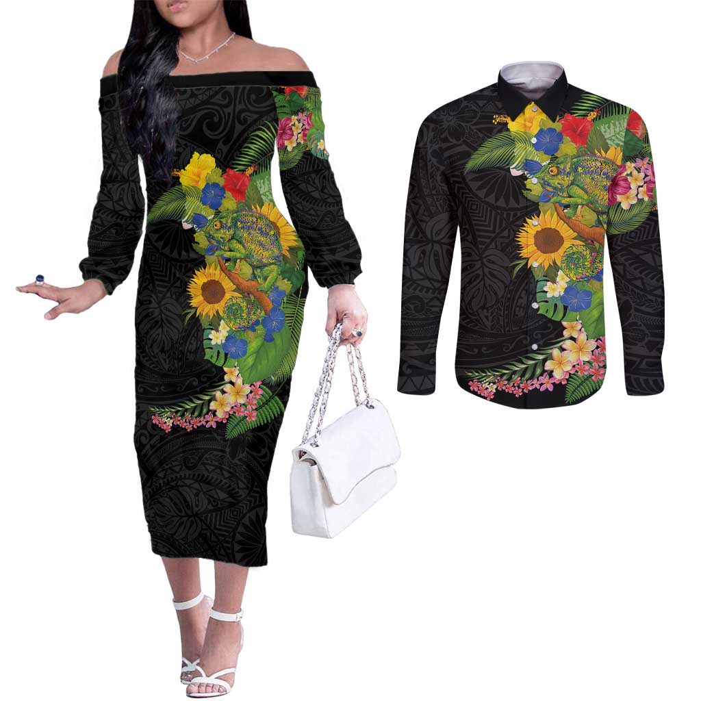 Hawaiian Tropical Plants and Chameleon Couples Matching Off The Shoulder Long Sleeve Dress and Long Sleeve Button Shirt Polynesian Art Colorful LT03 Black - Polynesian Pride