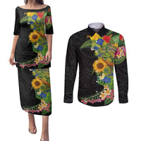 Hawaiian Tropical Plants and Chameleon Couples Matching Puletasi and Long Sleeve Button Shirt Polynesian Art Colorful LT03 Black - Polynesian Pride