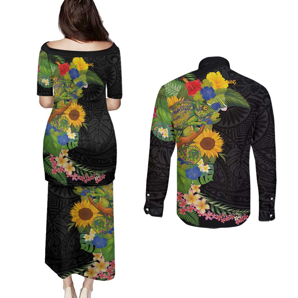 Hawaiian Tropical Plants and Chameleon Couples Matching Puletasi and Long Sleeve Button Shirt Polynesian Art Colorful LT03 - Polynesian Pride