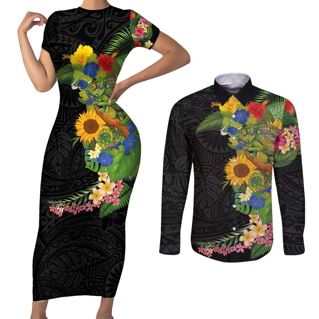 Hawaiian Tropical Plants and Chameleon Couples Matching Short Sleeve Bodycon Dress and Long Sleeve Button Shirt Polynesian Art Colorful LT03 Black - Polynesian Pride