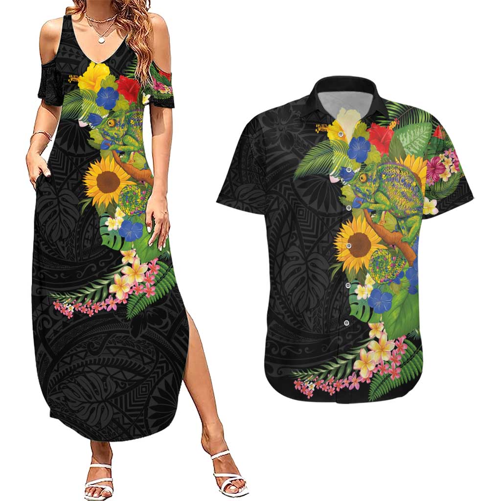 Hawaiian Tropical Plants and Chameleon Couples Matching Summer Maxi Dress and Hawaiian Shirt Polynesian Art Colorful LT03 Black - Polynesian Pride