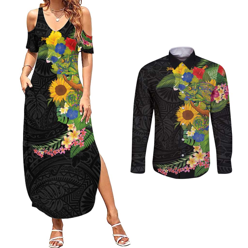 Hawaiian Tropical Plants and Chameleon Couples Matching Summer Maxi Dress and Long Sleeve Button Shirt Polynesian Art Colorful LT03 Black - Polynesian Pride