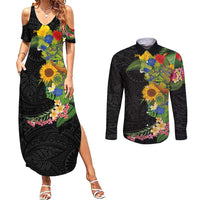 Hawaiian Tropical Plants and Chameleon Couples Matching Summer Maxi Dress and Long Sleeve Button Shirt Polynesian Art Colorful LT03 Black - Polynesian Pride