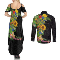 Hawaiian Tropical Plants and Chameleon Couples Matching Summer Maxi Dress and Long Sleeve Button Shirt Polynesian Art Colorful LT03 - Polynesian Pride