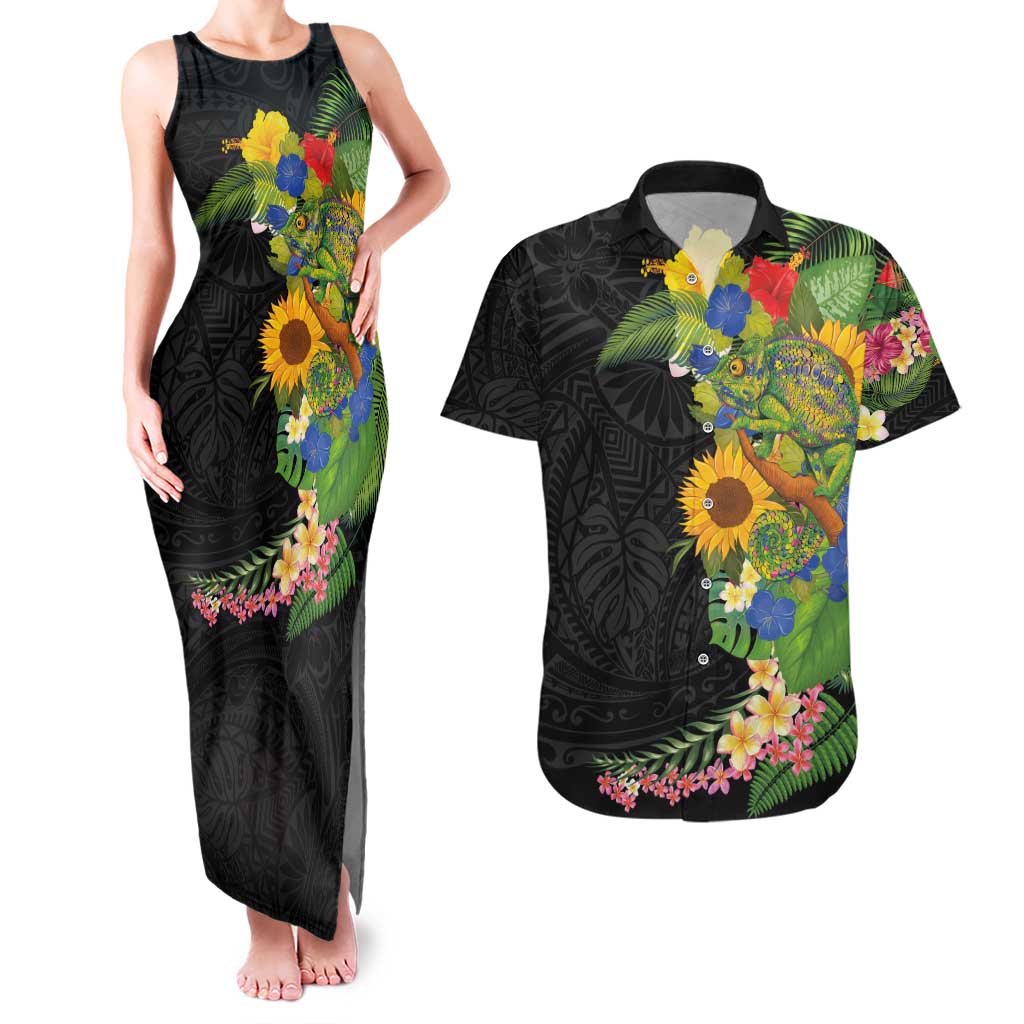 Hawaiian Tropical Plants and Chameleon Couples Matching Tank Maxi Dress and Hawaiian Shirt Polynesian Art Colorful LT03 Black - Polynesian Pride