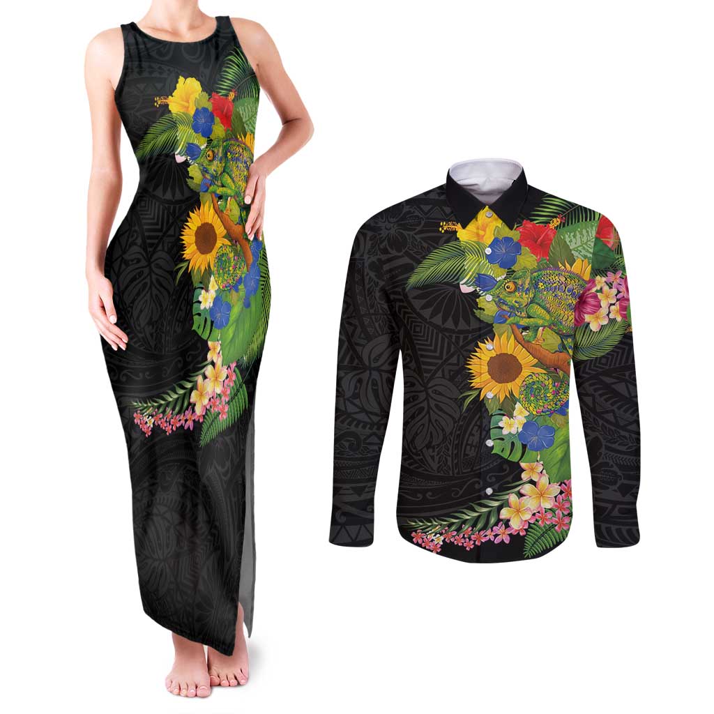 Hawaiian Tropical Plants and Chameleon Couples Matching Tank Maxi Dress and Long Sleeve Button Shirt Polynesian Art Colorful LT03 Black - Polynesian Pride