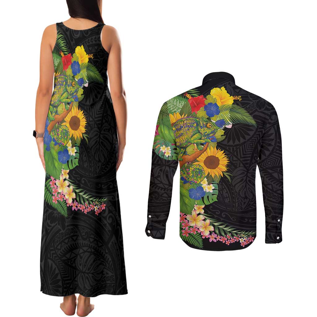 Hawaiian Tropical Plants and Chameleon Couples Matching Tank Maxi Dress and Long Sleeve Button Shirt Polynesian Art Colorful LT03 - Polynesian Pride