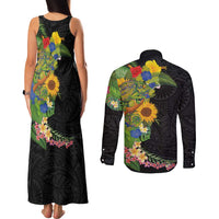 Hawaiian Tropical Plants and Chameleon Couples Matching Tank Maxi Dress and Long Sleeve Button Shirt Polynesian Art Colorful LT03 - Polynesian Pride