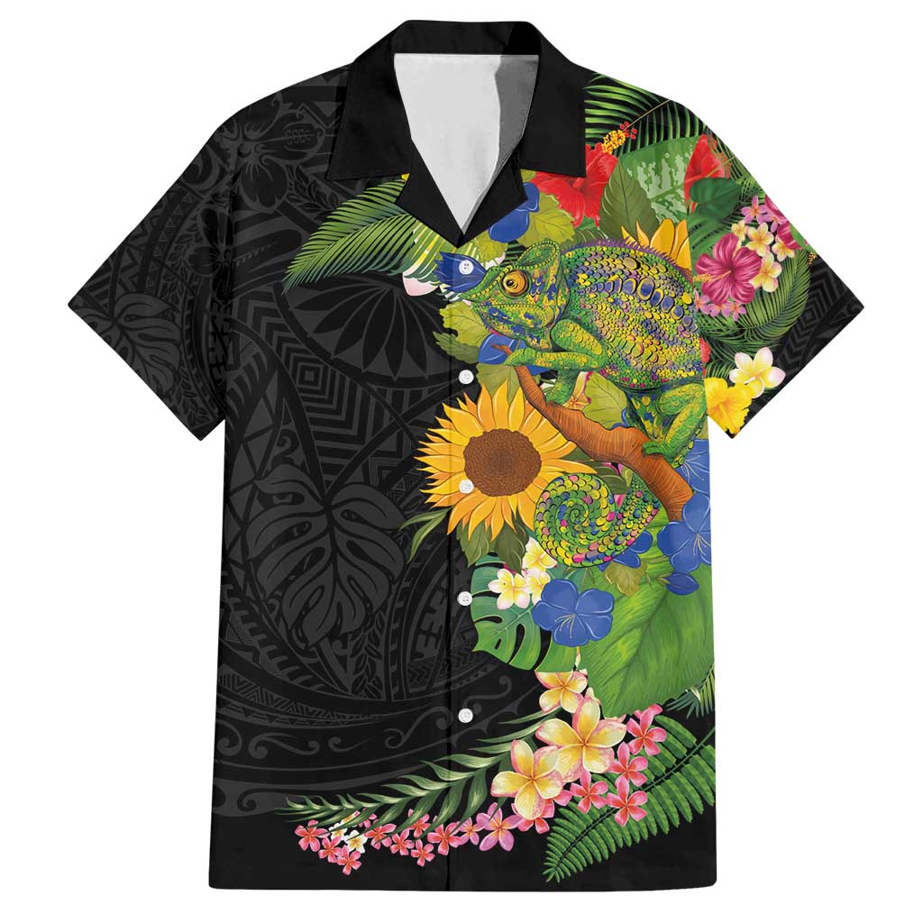 Hawaiian Tropical Plants and Chameleon Family Matching Long Sleeve Bodycon Dress and Hawaiian Shirt Polynesian Art Colorful - Polynesian Pride