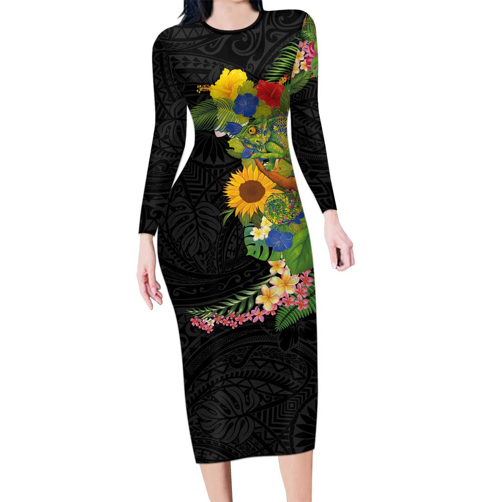 Hawaiian Tropical Plants and Chameleon Family Matching Long Sleeve Bodycon Dress and Hawaiian Shirt Polynesian Art Colorful - Polynesian Pride