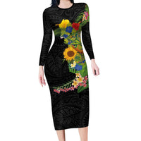 Hawaiian Tropical Plants and Chameleon Family Matching Long Sleeve Bodycon Dress and Hawaiian Shirt Polynesian Art Colorful - Polynesian Pride
