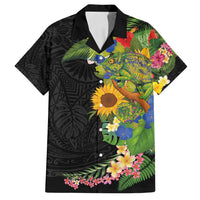 Hawaiian Tropical Plants and Chameleon Family Matching Off Shoulder Short Dress and Hawaiian Shirt Polynesian Art Colorful - Polynesian Pride