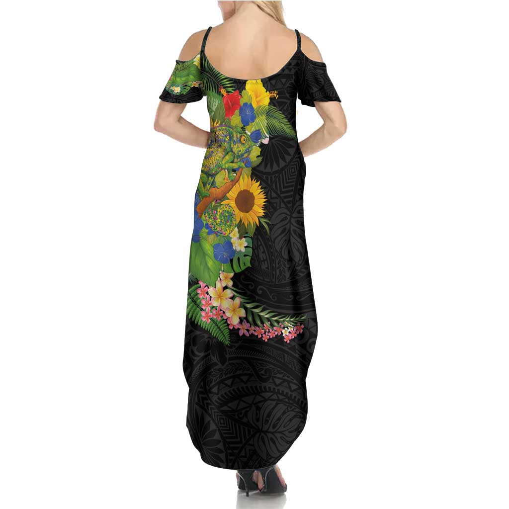 Hawaiian Tropical Plants and Chameleon Family Matching Summer Maxi Dress and Hawaiian Shirt Polynesian Art Colorful - Polynesian Pride