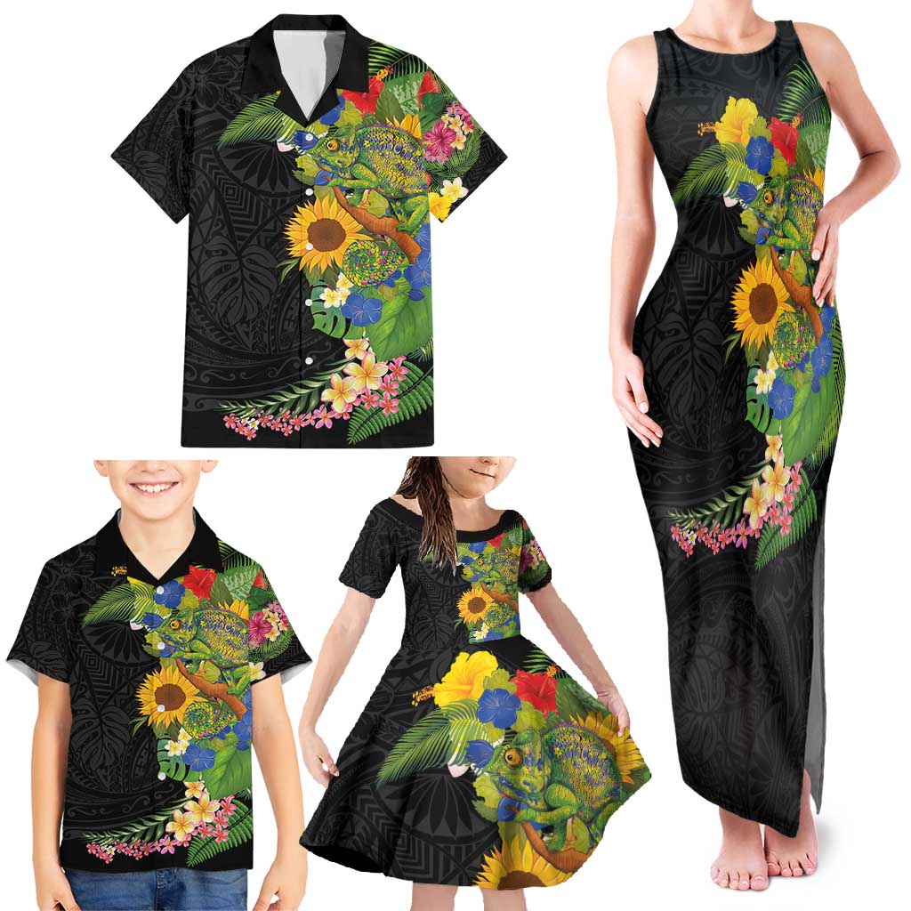 Hawaiian Tropical Plants and Chameleon Family Matching Tank Maxi Dress and Hawaiian Shirt Polynesian Art Colorful LT03 - Polynesian Pride