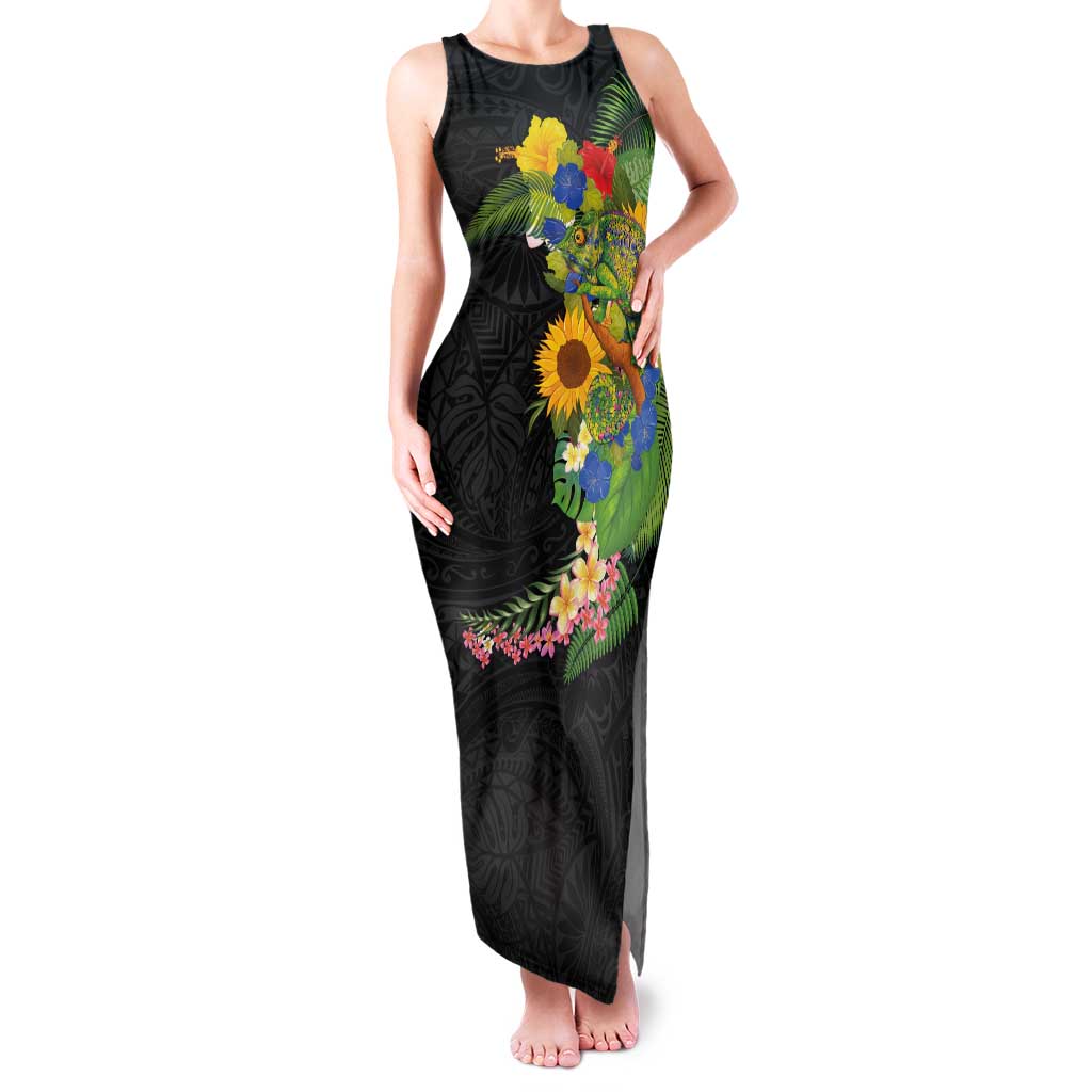 Hawaiian Tropical Plants and Chameleon Family Matching Tank Maxi Dress and Hawaiian Shirt Polynesian Art Colorful LT03 Mom's Dress Black - Polynesian Pride