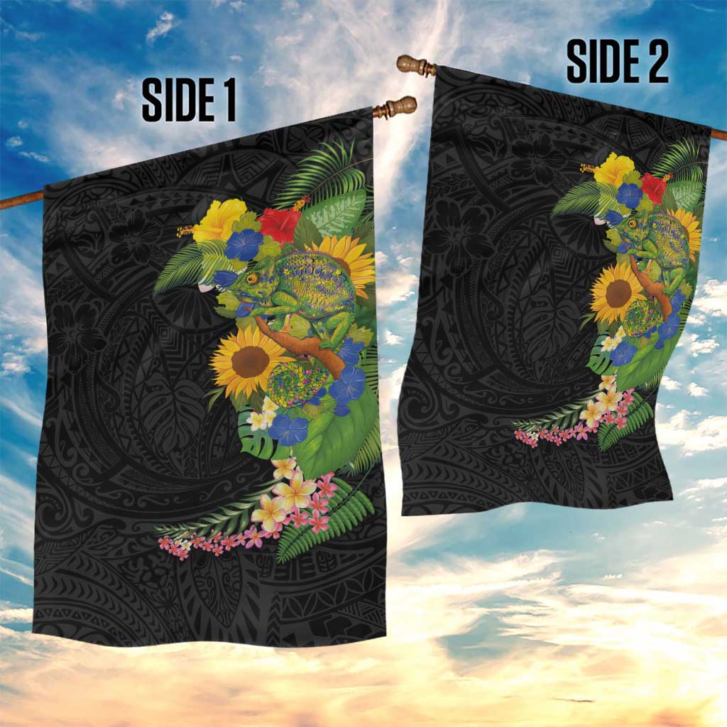 Hawaiian Tropical Plants and Chameleon Garden Flag Polynesian Art Colorful - Polynesian Pride