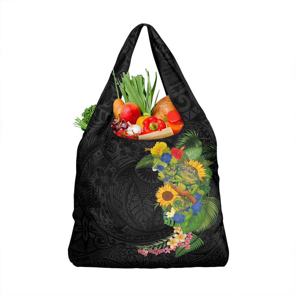 Hawaiian Tropical Plants and Chameleon Grocery Bag Polynesian Art Colorful LT03 1-pack One Size Black - Polynesian Pride