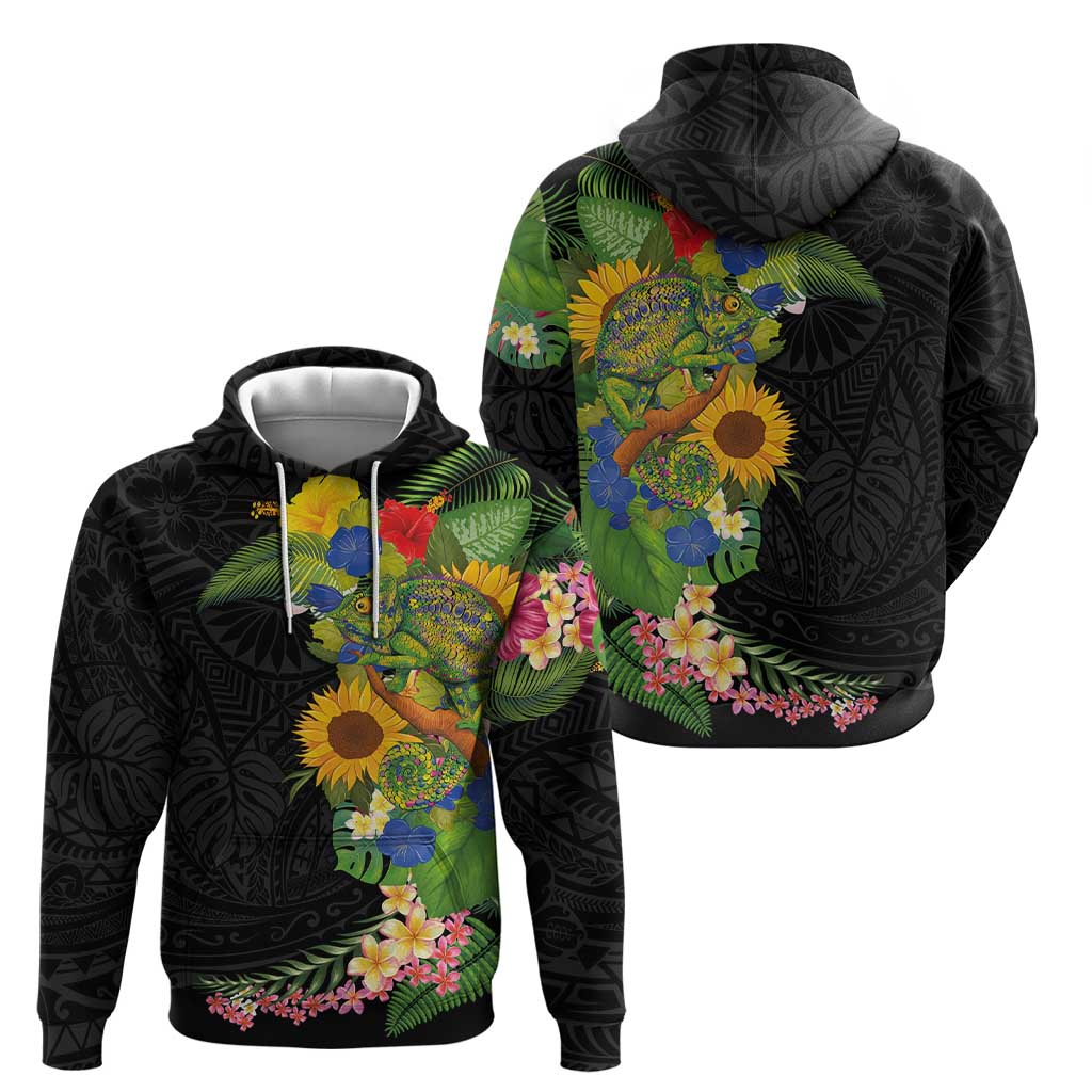 Hawaiian Tropical Plants and Chameleon Hoodie Polynesian Art Colorful - Polynesian Pride