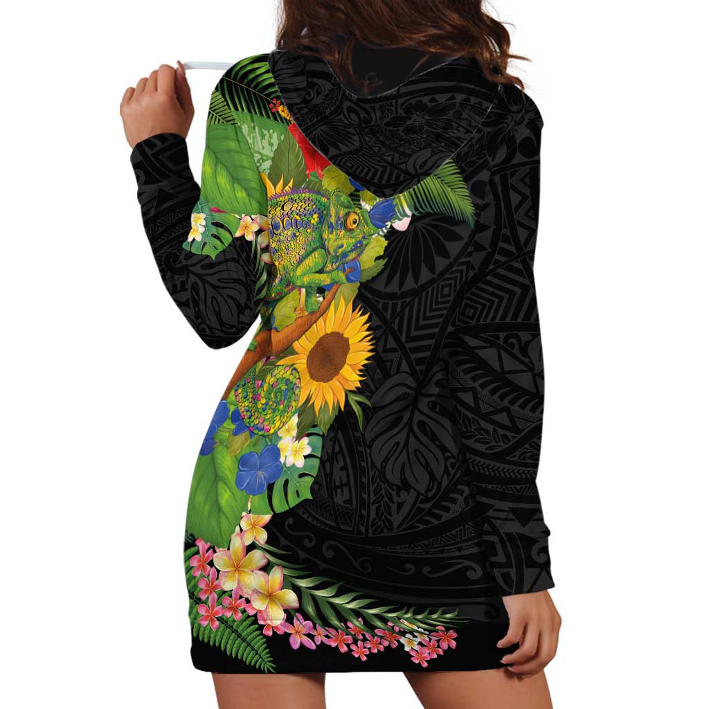 Hawaiian Tropical Plants and Chameleon Hoodie Dress Polynesian Art Colorful - Polynesian Pride