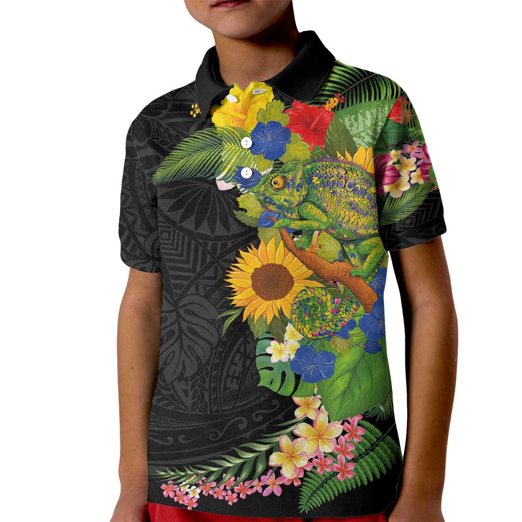 Hawaiian Tropical Plants and Chameleon Kid Polo Shirt Polynesian Art Colorful - Polynesian Pride