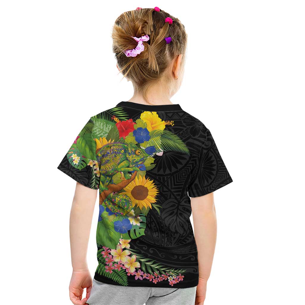 Hawaiian Tropical Plants and Chameleon Kid T Shirt Polynesian Art Colorful - Polynesian Pride