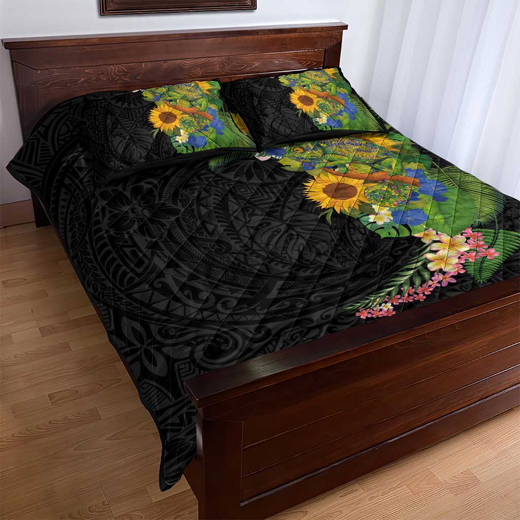 Hawaiian Tropical Plants and Chameleon Quilt Bed Set Polynesian Art Colorful - Polynesian Pride