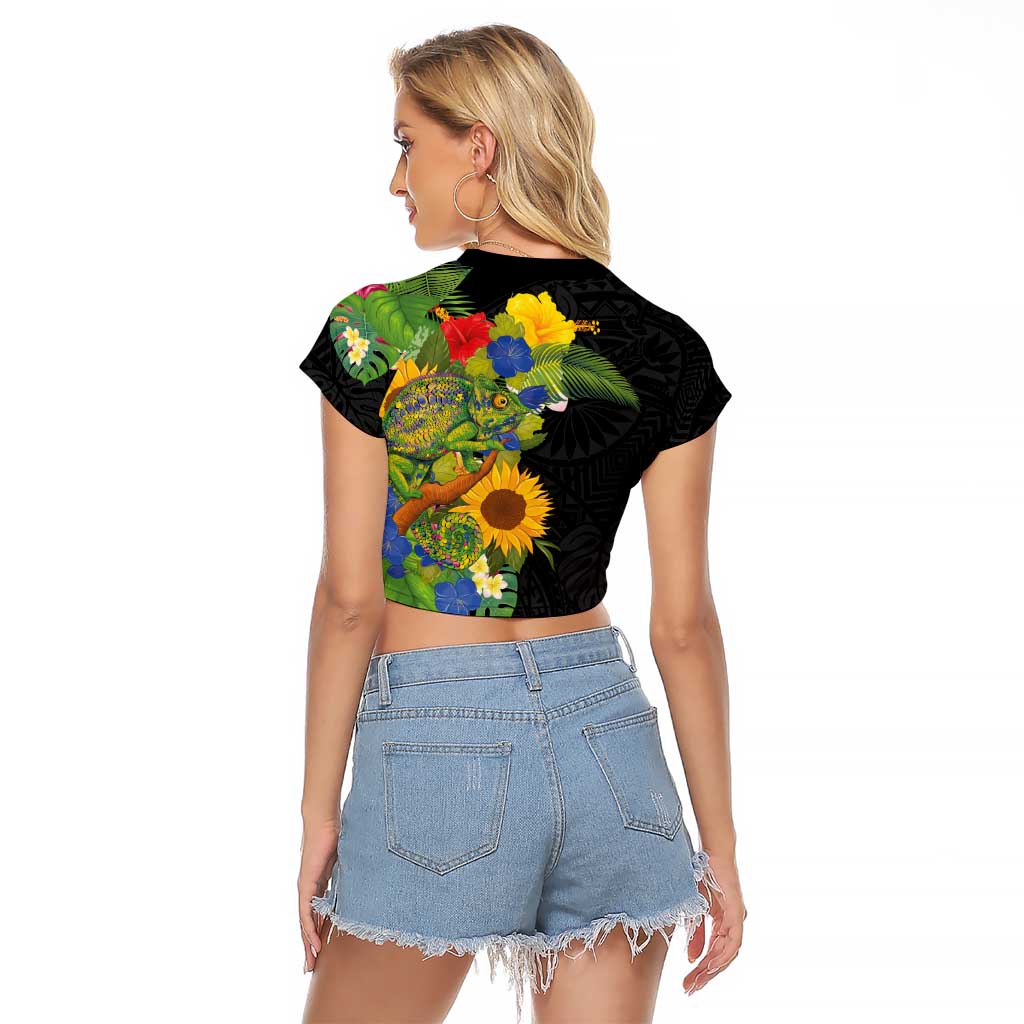 Hawaiian Tropical Plants and Chameleon Raglan Cropped T Shirt Polynesian Art Colorful - Polynesian Pride